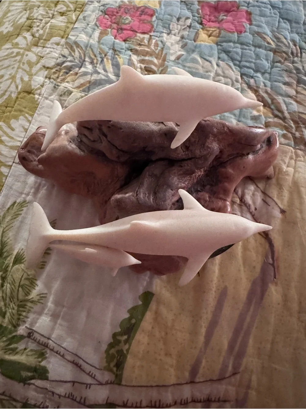 Vintage John Perry Family Dolphin Sculpture - Mother & Baby Calf on Burl Wood